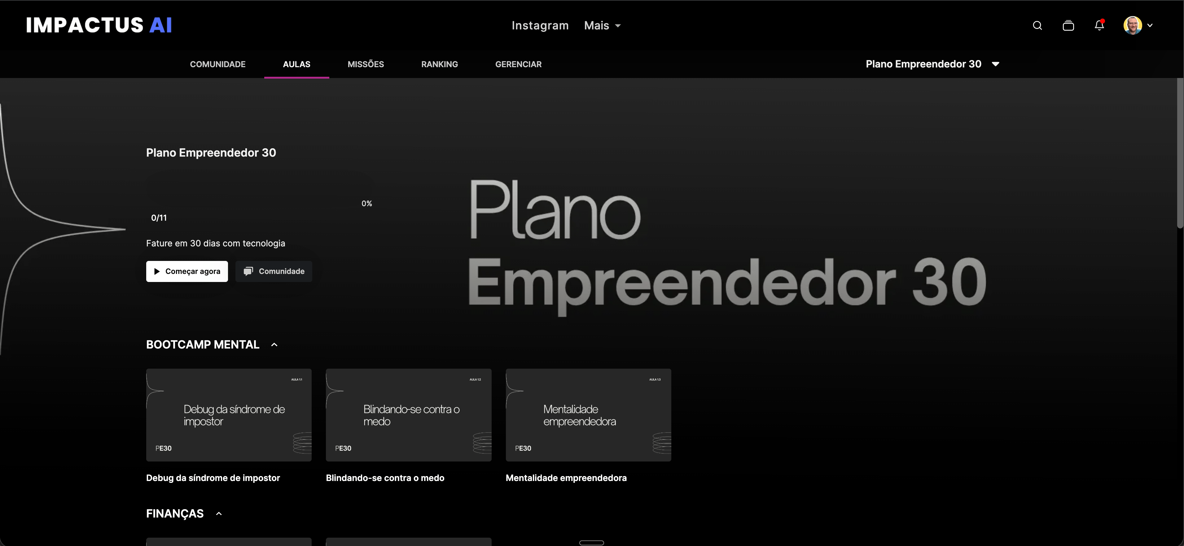 Visão geral do curso Plano Empreendedor 30 mostrando os módulos do Bootcamp Mental